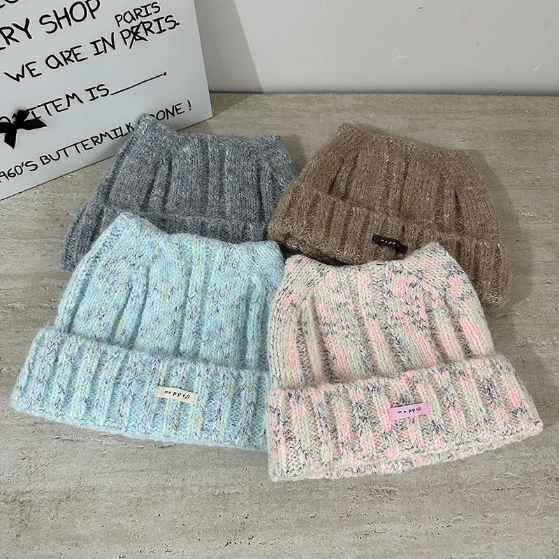 Koreanischer Stil, mehrfarbige Katzenohren-Strickmütze für Damen, niedlich, dick und warm für Herbst und Winter, Skull-Beanie-Mütze. – Detail 2