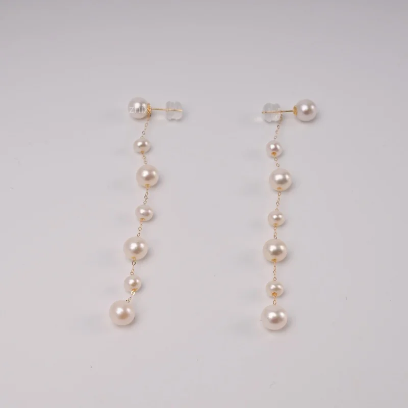 

Long 18K yellow Gold Earrings Fine Jewelry Drop pure freshwater pearl au750 fashion wedding party gift for women E1024