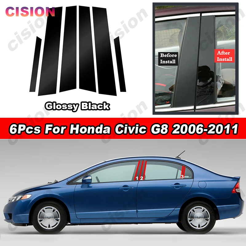 Carbon Fiber Chrome Black Door Window Middle Column Center BC Pillar Post Cover Trim Mirror Effect Sticker For Honda Civic FD G8