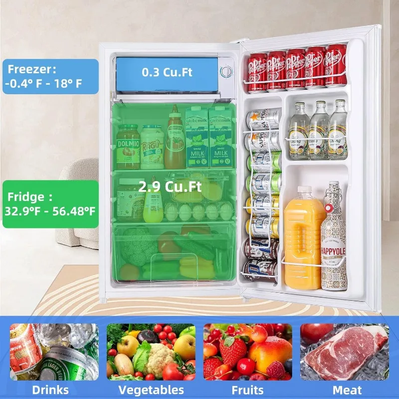 White Mini Fridge with Freezer, 3.2Cu.Ft,   Energy-Efficient, Low Noise, Mini fridge for Bedroom Dorm and Office