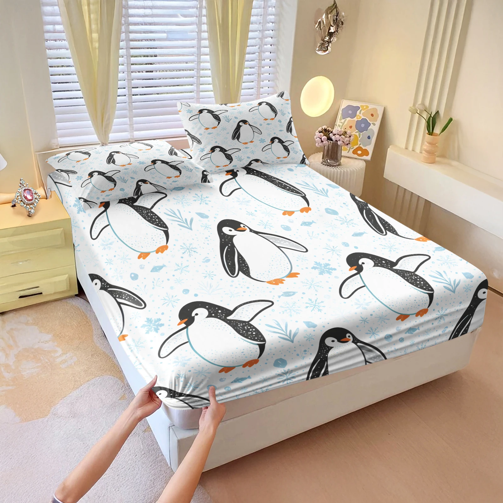 White Background Cute Penguin Fitted Sheet Set Cartoon Penguin Snowflake Print Bed Sheet with Pillowcases Elastic Deep Pocket