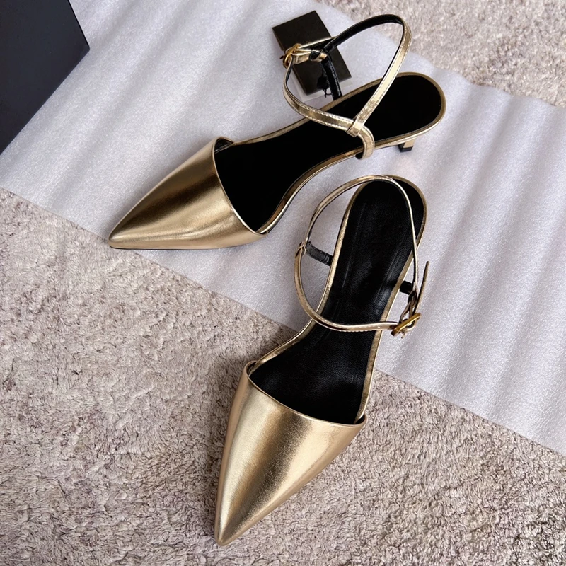 Withered 2024 Summer French Retro Pointed Toe Stiletto Sandals Party Genuine Leather Ladies Solid Color Sandals Women