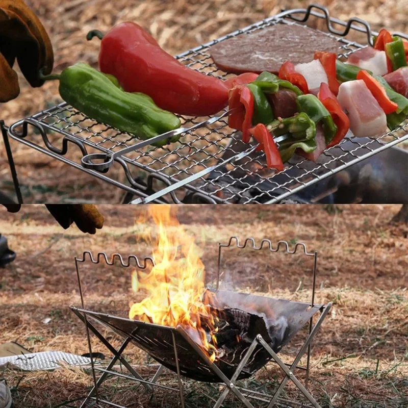 

3-6 People Outdoor Camping Grill Portable Fold Stainless Steel BBQ Grill Firewood Stove Multifunction Picnic Barbecue Utensils