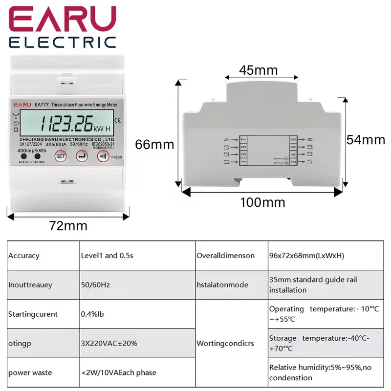 Three Phase Four Wires Eelectronic Active Energy Meter kWh Power Consumption Monitor DIN Rail 50/60Hz 3*5(100)A 50/60Hz LCD LED