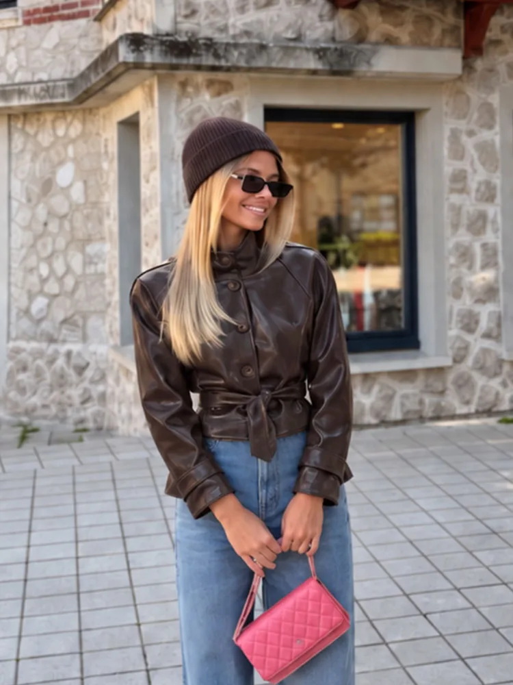 HH Vacation Getaway Brown Leather Jacket Women Autumn Winter Stand Collar Belted Waist Travel Casual Chic Stylish Outerwear