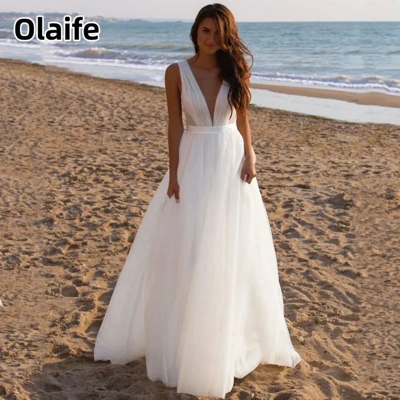 

Olaife Sexy Beach A-line Dress Brides Wedding Dress Sleeveless Sweep Train Deep V-neck Sleeveless Backless vestidos de novia