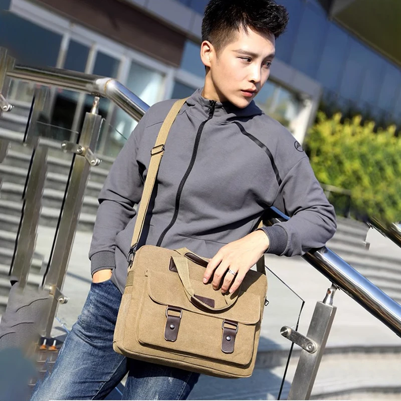 Men'S Canvas Briefcase Designer Lawyer Document Work Business Large Capacity Satchel Tote Handbag Shoulder 14 Inch Laptop Bag