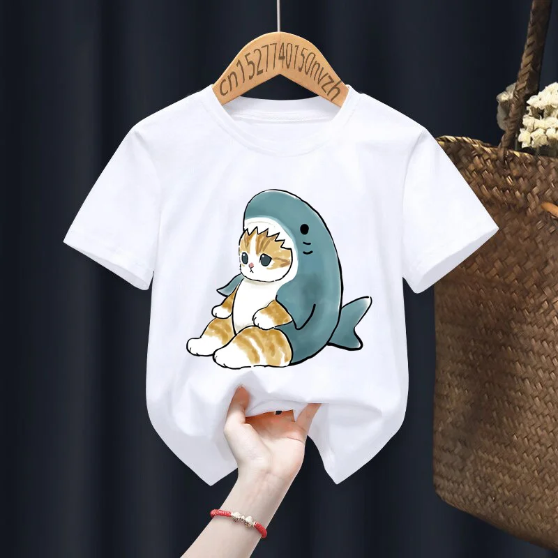 Nette Shark Katze Druck Rot Kind T-shirts Kinder Baby Schwarz Harajuku Kawaii Kleidung Junge Mädchen Tops Geschenk Präsentieren, drop Schiff