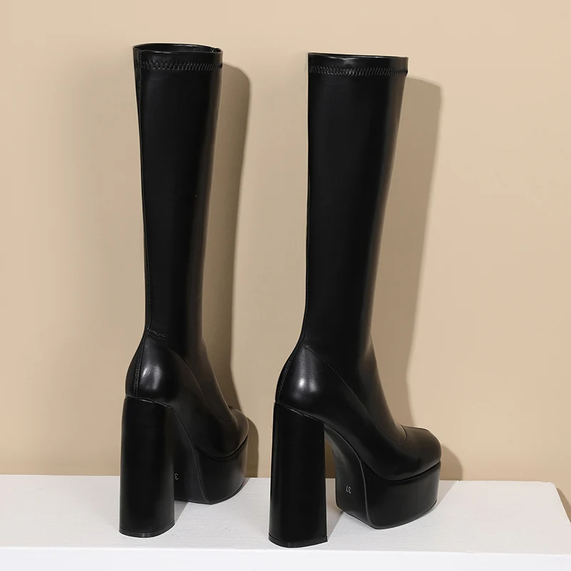 Super High Thick Heel Solid Color Simple Style Knee High Boots High Waterproof Platform Sewing Women's Boots Winter New image 6