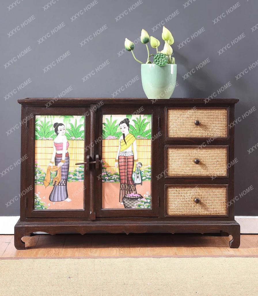 Hand Painting Bamboo Woven Solid Wood Entrance Cabinet Living Room Locker Wall Furniture