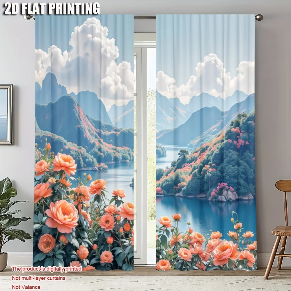 2D Flat, 2pcs Red Floral Landscape Blackout Curtains - 100% Polyester Privacy Sheer Drapes with Rod Pocket, Machine Washable for