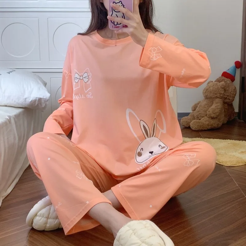 Women Pajamas Spring Pure Cotton Long-Sleeved Korean Style Round Neck Pajamas Suit Female Sweet Cute Loose Homewear Set 2024