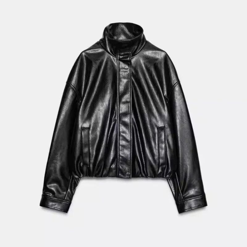 

Spring 2026 Women's Casual Loose Fit Faux Leather Jacket Black Fluffy Versatile Outerwear Long Sleeve Zipper Closure Ladies Coat