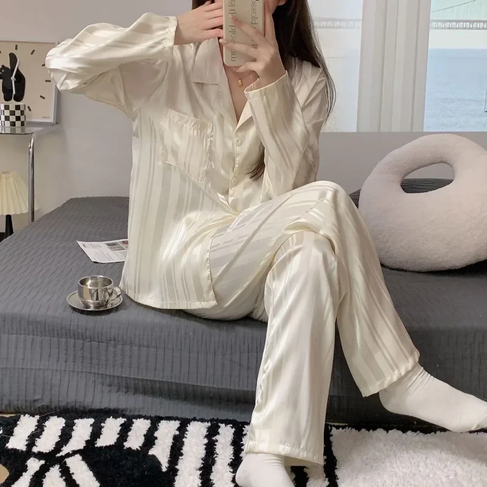 

Women Pajamas Striped Pijama Sets Silk Satin Female Home Clothes Sleepwear Longsleeve Shirt Pants Homewear Shirt Pants Loungewea