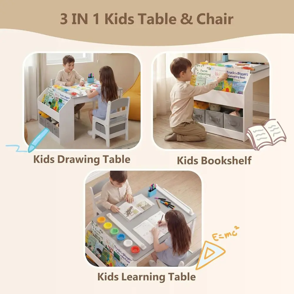 Kids Art Table & 2 Chairs Set, Paper Roll & Bookshel, Grey | Wood Toddler Activity Table w/Storage, Ding, Studying, Playing, Kid view 2