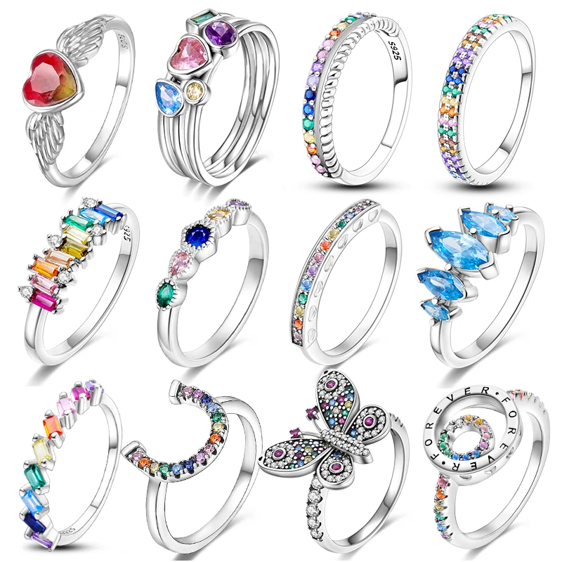 Real 925 Sterling Silver Colorful Dragonfly Butterfly Cubic Zircon Rings For Women Wedding Engagement Birthday Jewelry Gift