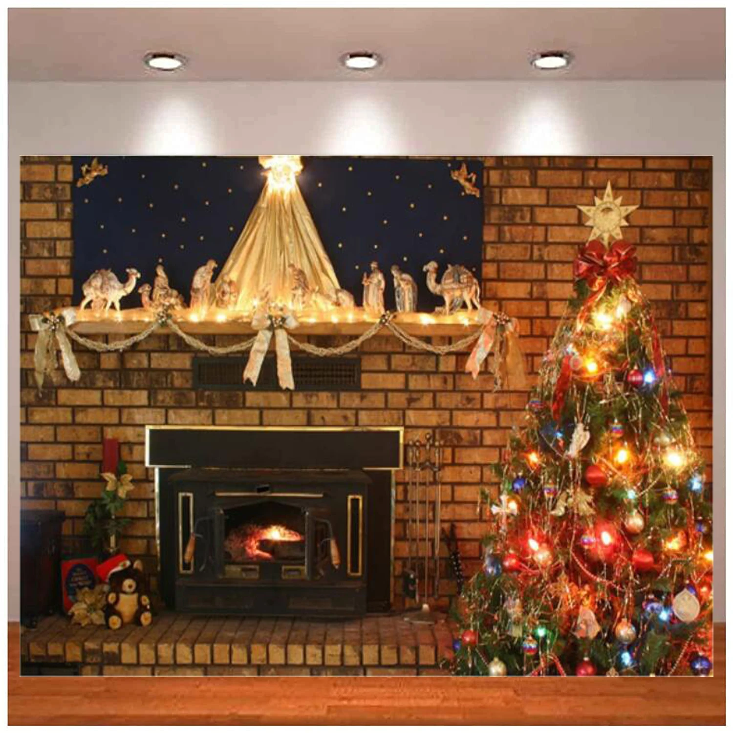 Winter Holiday Photography Backdrop Fireplace Christmas Tree Indoor Decoration Background Banner Photo Shoot Studio Props