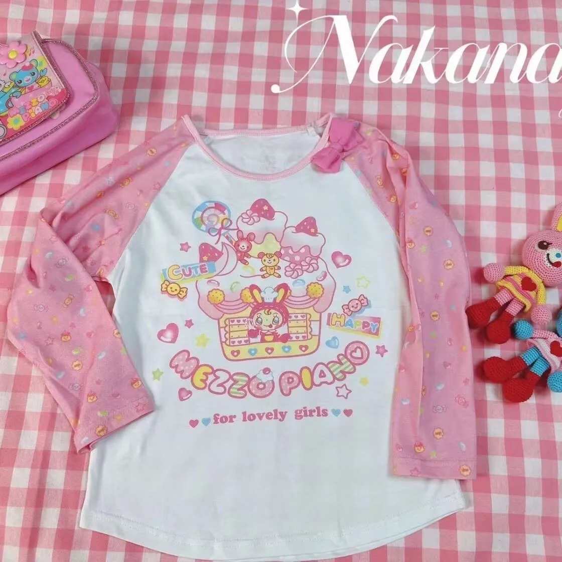 Japanese Aesthetic Pink Lolita T-shirts Women Y2k Clothes Sweet Girl Cartoon Print Bow Tees Casual Kawaii Grunge Fairy Tops