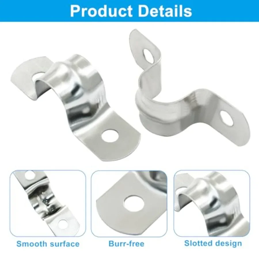 Pack Rigid Pipe Strap, 12mm, Silver Stainless Steel, Two Hole Cable Strap, U Bracket Conduit Clamp, Suitable for Less than 1/2