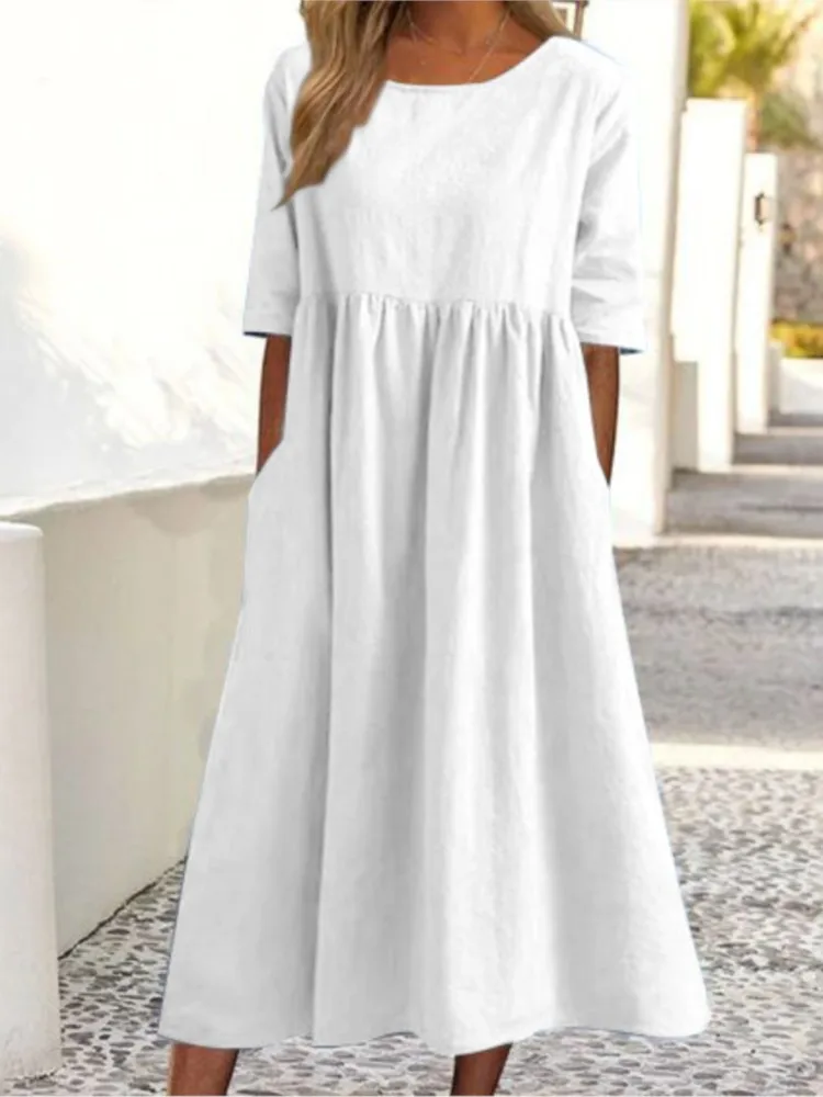 Casual Loose Long Solid Color Cotton Blend Long Dress For Women Spring Summer Fashion O Neck Half Sleeve Maxi Dresses Robe Femme