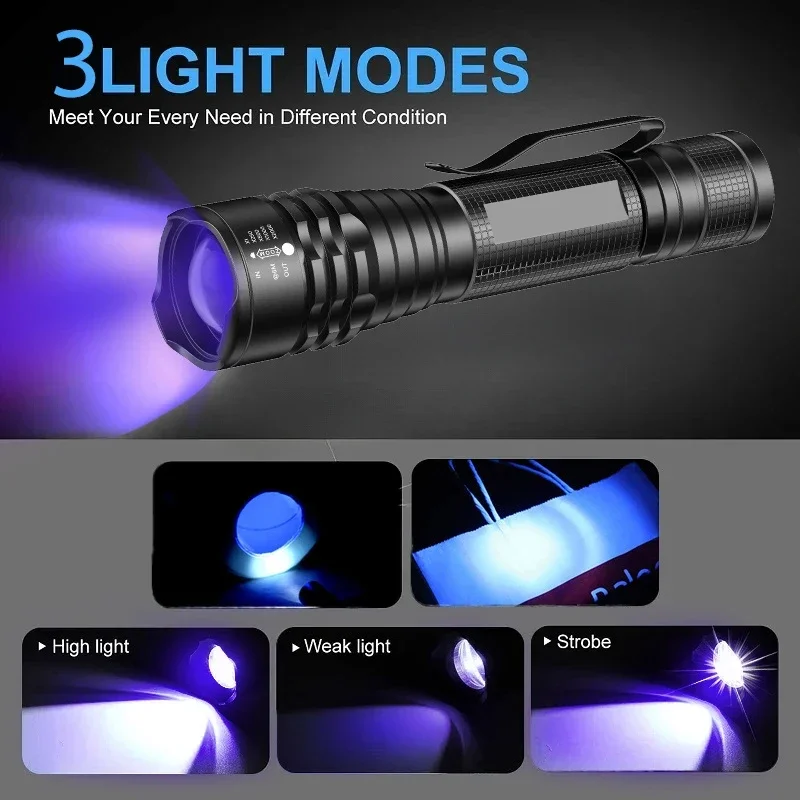 395nm UV Flashlight Blacklight Zoomable USB Rechargeable UV Light Ultraviolet Flashlight for Pet Urine Detector Resin Curing