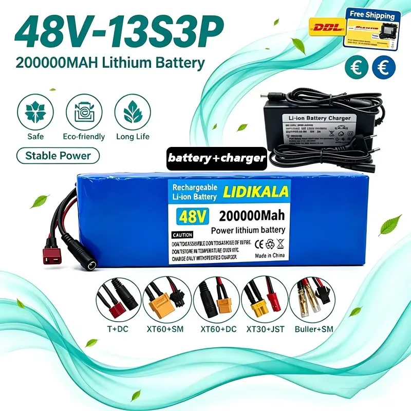 Schnellladender Lithium-Ionen-Akku 200Ah, 13S3P 48V 18650 Akku, XT60/T-Anschluss, geeignet für Elektroroller und Fahrräder, eingebautes BMS