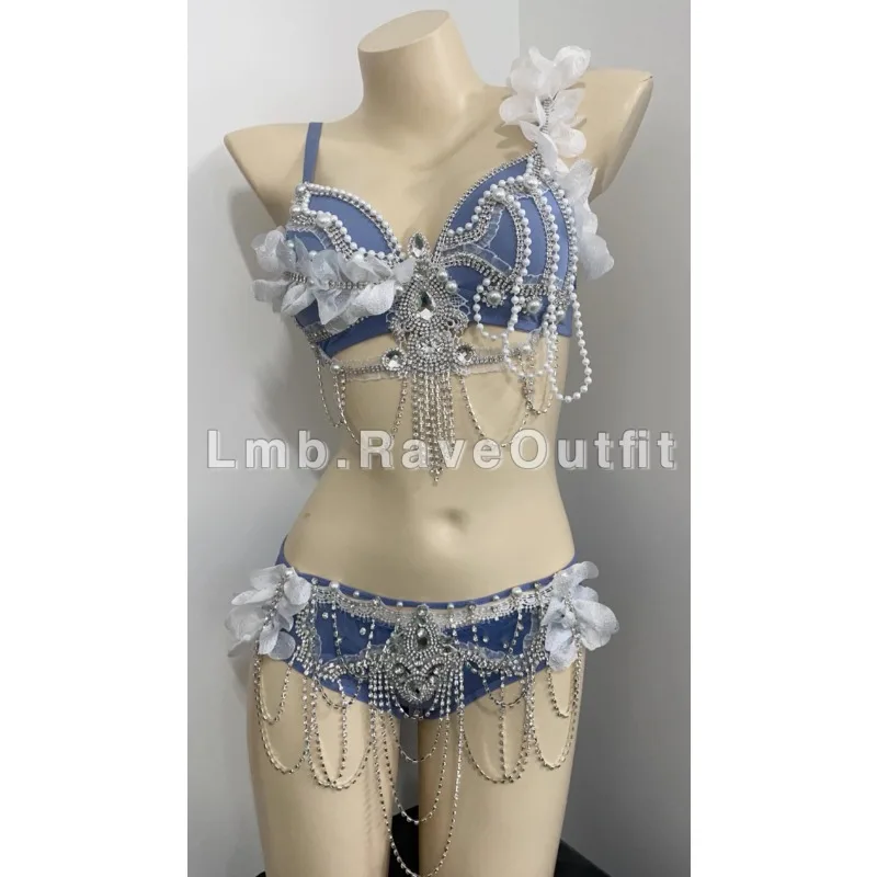 Customized Sexy Light Blue Electric Syllable Bouncing Di Pearl Full Diamond Set Turnpakjes Meisjes Bra Pants Leotards for Women