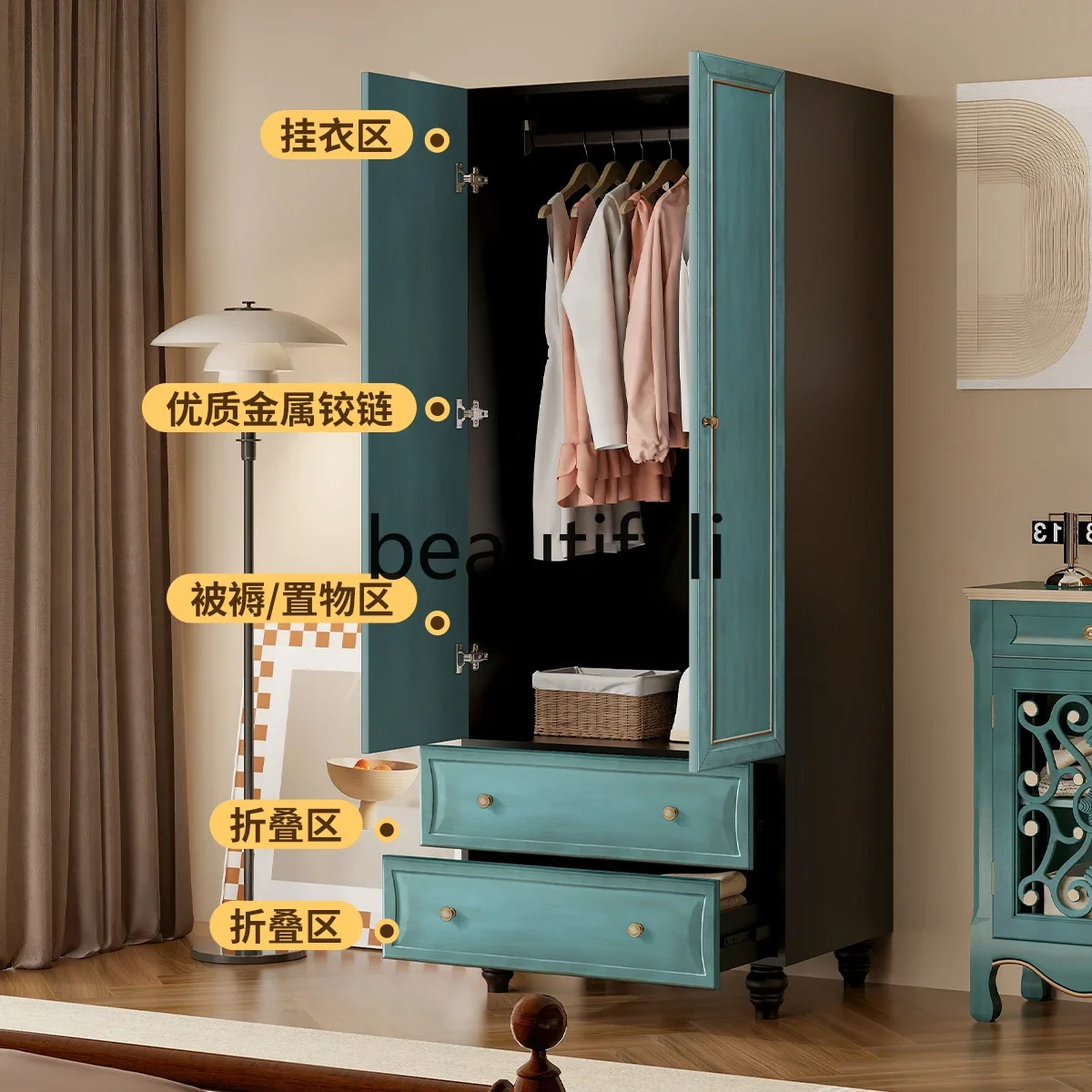 American retro style wardrobe bedroom small apartment old blue hanging wardrobe double door storage cabinet