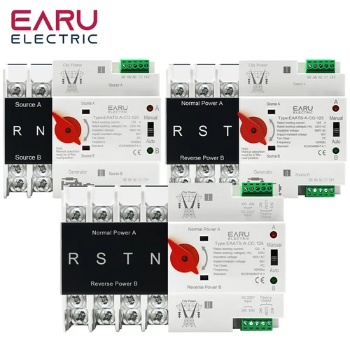 Carril Din 2/3/4P AC 110V 230V 125A Mini ATS Doble potencia interruptor de transferencia automática interruptores selectores eléctricos energía ininterrumpida