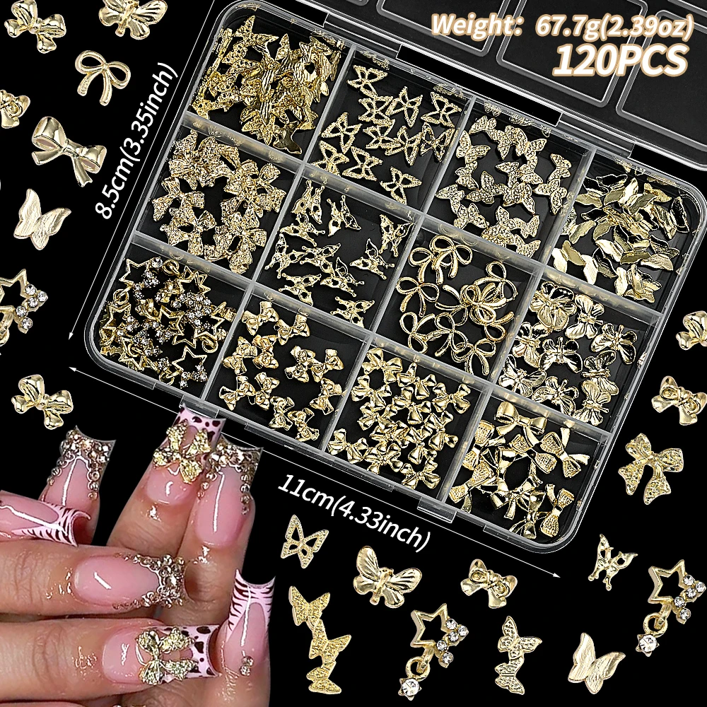 120 sztuk/pudełko Ozdoby do paznokci w stylu Y2K w kształcie motyli i kokardek, proste i lekko luksusowe złote ozdoby ze stopu, materiały do samodzielnego zdobienia paznokci *