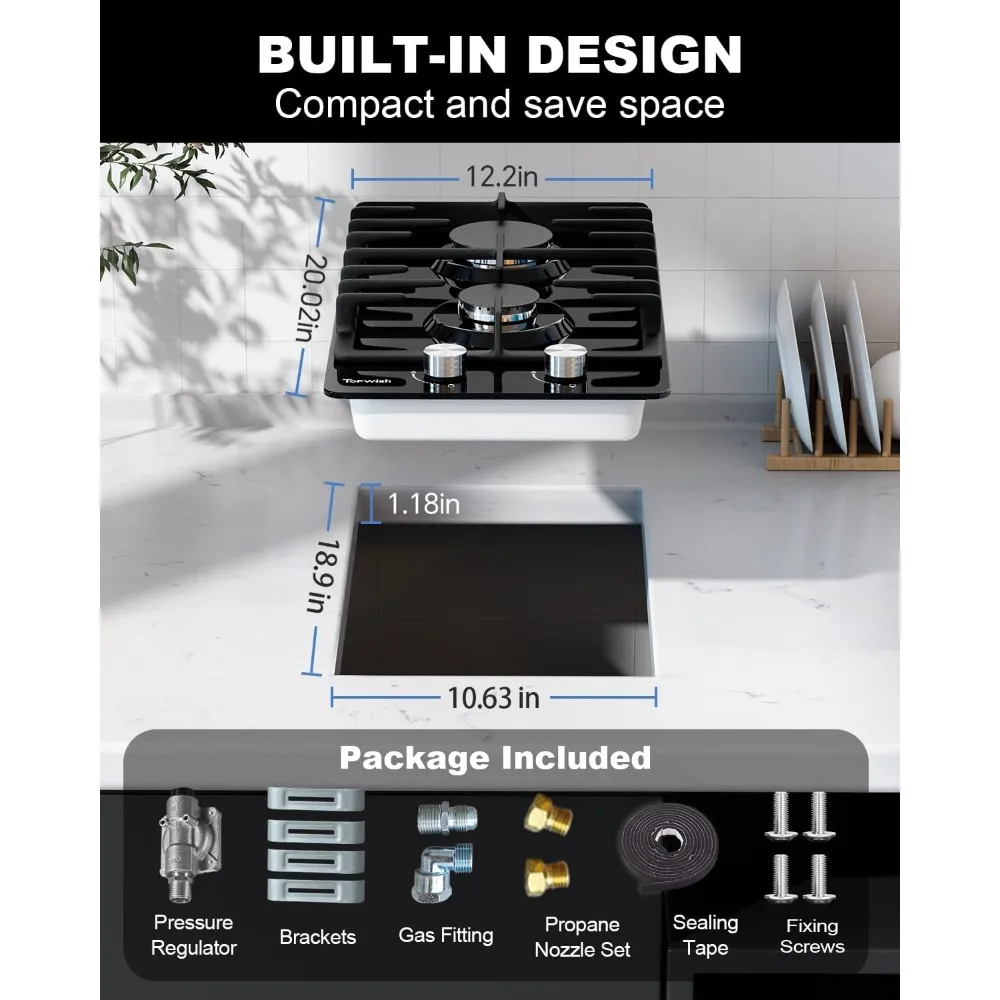 2バーナー プロパンガスコンロ ブラック強化ガラス、12インチ ビルトイン NG/LPG両用ガスコンロ、18,000BTU ガスホブ（フラットタイプ）
