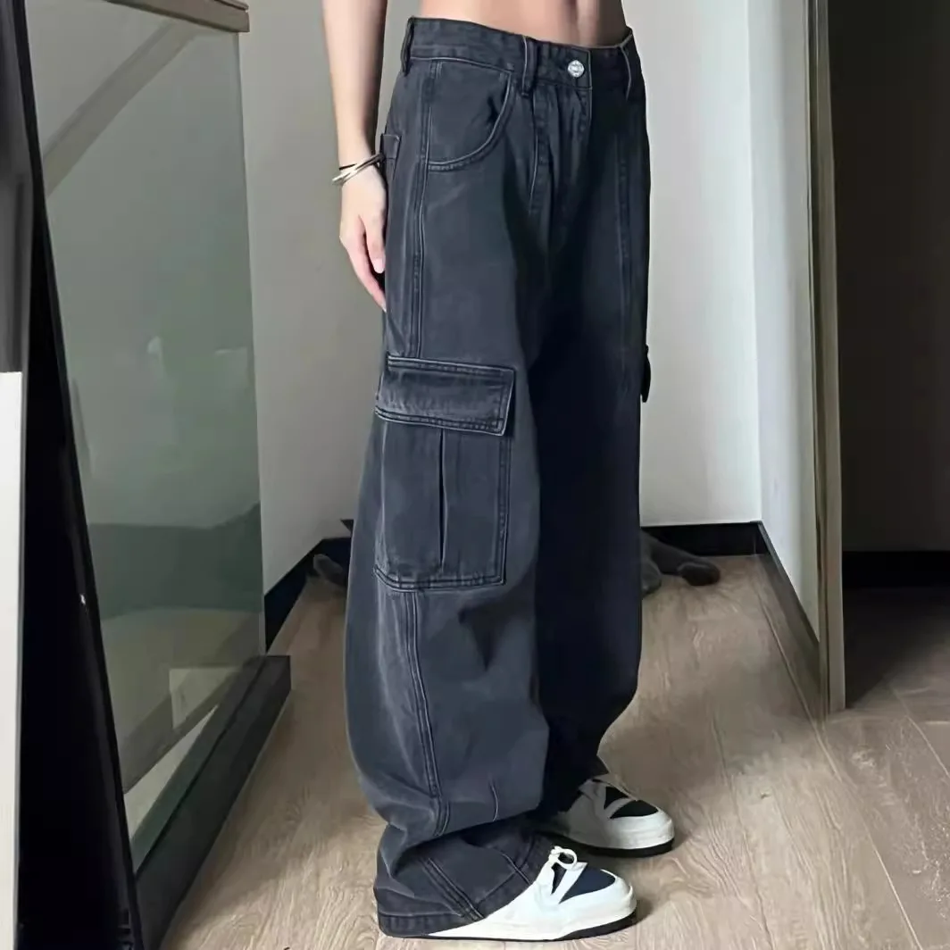 

American Retro Women's Jeans Work Pants Loose Design Multiple Pockets Spring Autumn High Waist Straight Leg Commute Style
