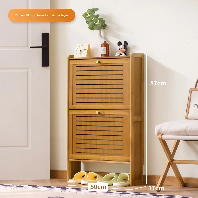 Minimaal ultradunne houten schoenenkast, moderne multi-laagse opklapbare schoenenrek, bamboe schuifdeur wandkast