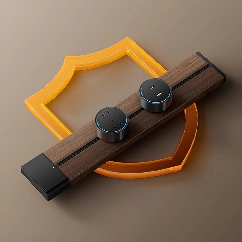 Black Walnut Wood Grain Track Socket with Switch Kitchen Side Cabinet Surface Mounted Retro Movable Power Rail Power Strip