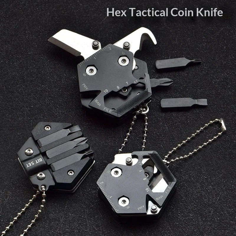 Multifunctional Hexagon Coin Outdoor EDC Tool Hexagon Folding Coin Knife Keychain Screwdriver Pocket Fold Mini coltello Gear Pee