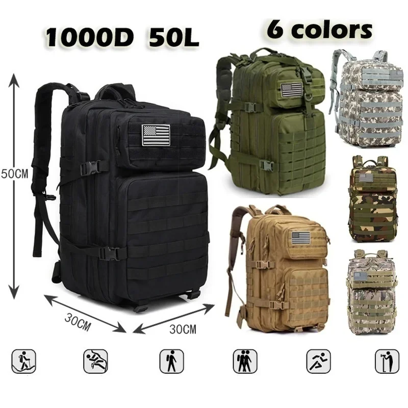 JBTP-Mochila de Nylon Impermeável, Tactical Sports Mochilas, Outdoor Hunting Bag, Mochilas militares para Trekking, Pesca, Camping, Caminhadas, 50L, 1000D