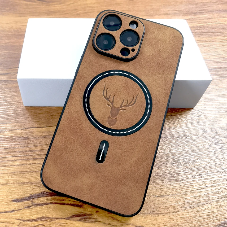 Luxury PU Leather Deer Case For iPhone 17 Air 16 15 14 13 12 11 Pro Max Plus 16E 15Pro 14Pro for Magsafe Wireless Charge Cover