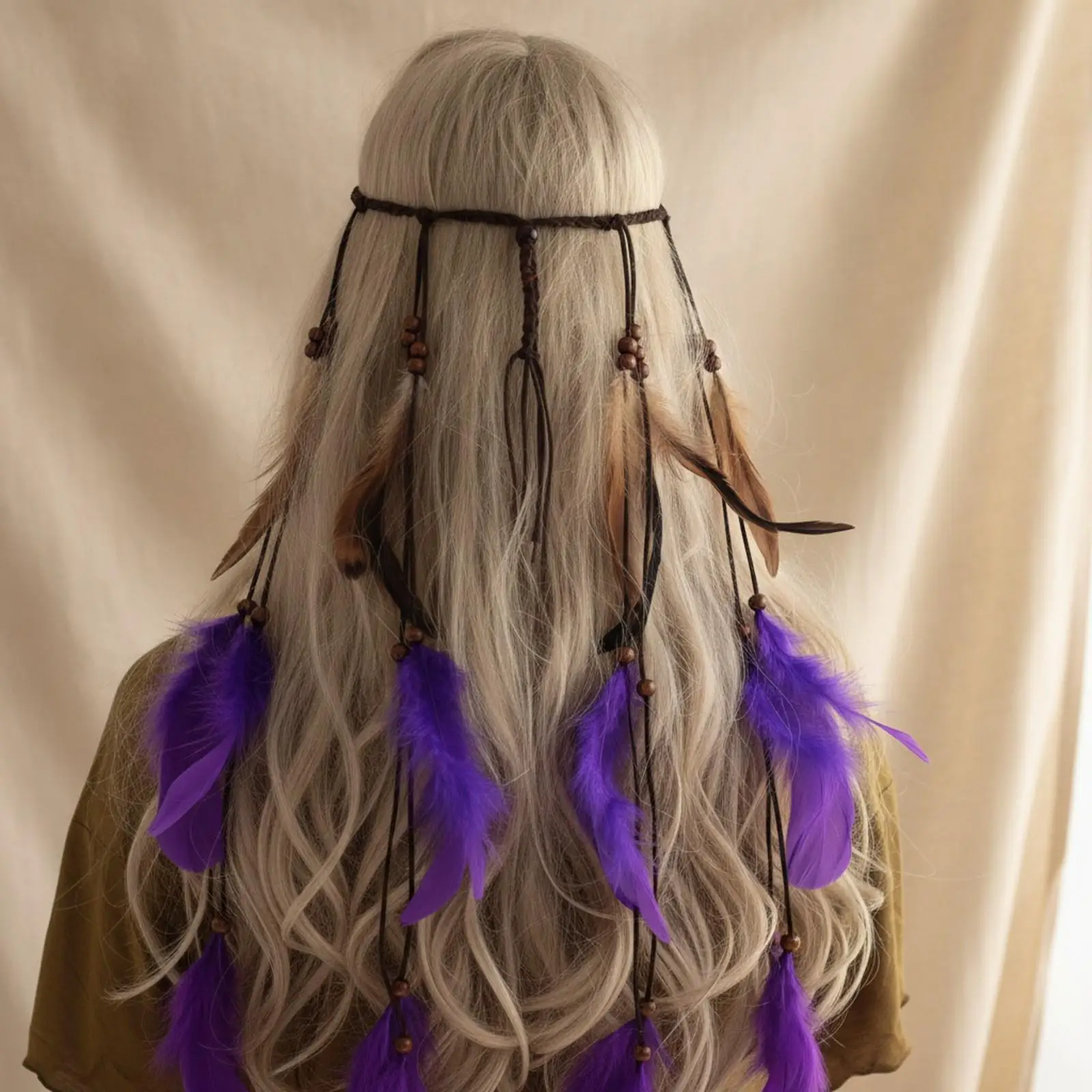 Feather Hair Tie with Wooden Beads | Adjustable Head Circumference, Bohemian, for Festivals