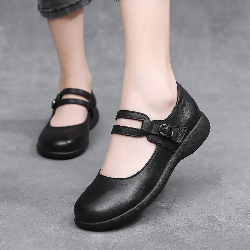 Careaymade-Genuine Leather Large size Women's Shoes,Retro Shallow Mouth Round Head Flat Bottom Single Shoes,Casual Mom's Shoes
