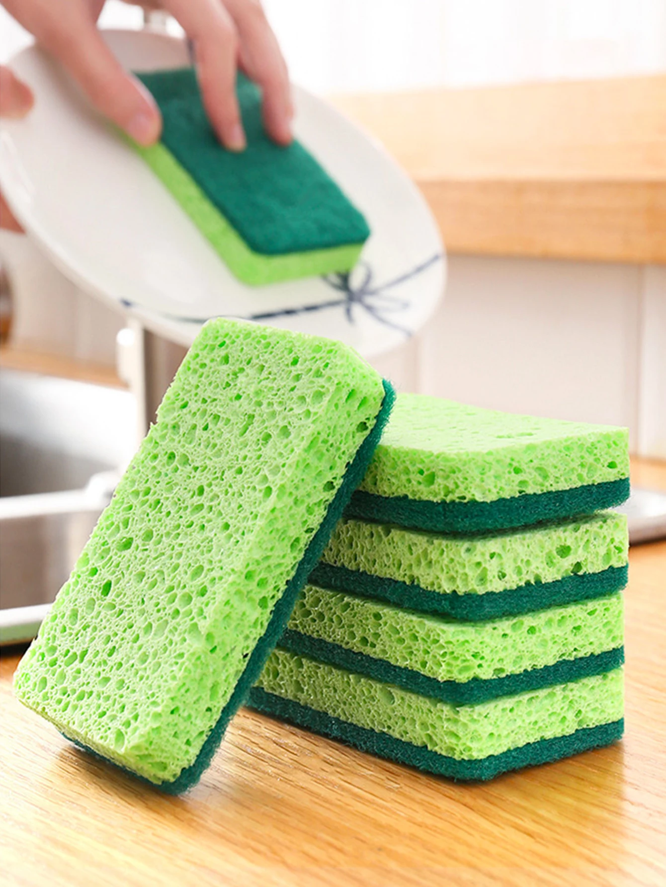 

Natural Wood Pulp Dishwashing Sponge Cleaning Cloth Absorbent Green Rectangular Magic Wiping Kitchen Dishwashing Brush Pot