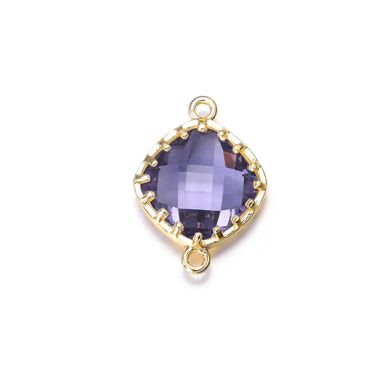 골드 컬러 도금 황동, 다채로운 유리 비즈, 스퀘어 커넥트 참 액세서리, 2 홀, 13x8mm 하이 퀄리티, 18K, 4 개