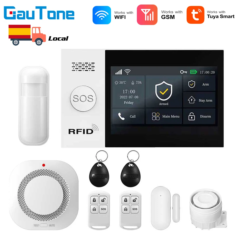 GauTone PG107 Allarme di sicurezza da 4,3 pollici Sistema di allarme Wifi GSM per supporto domestico Tuya APP Chiamata/Telecomando SMS