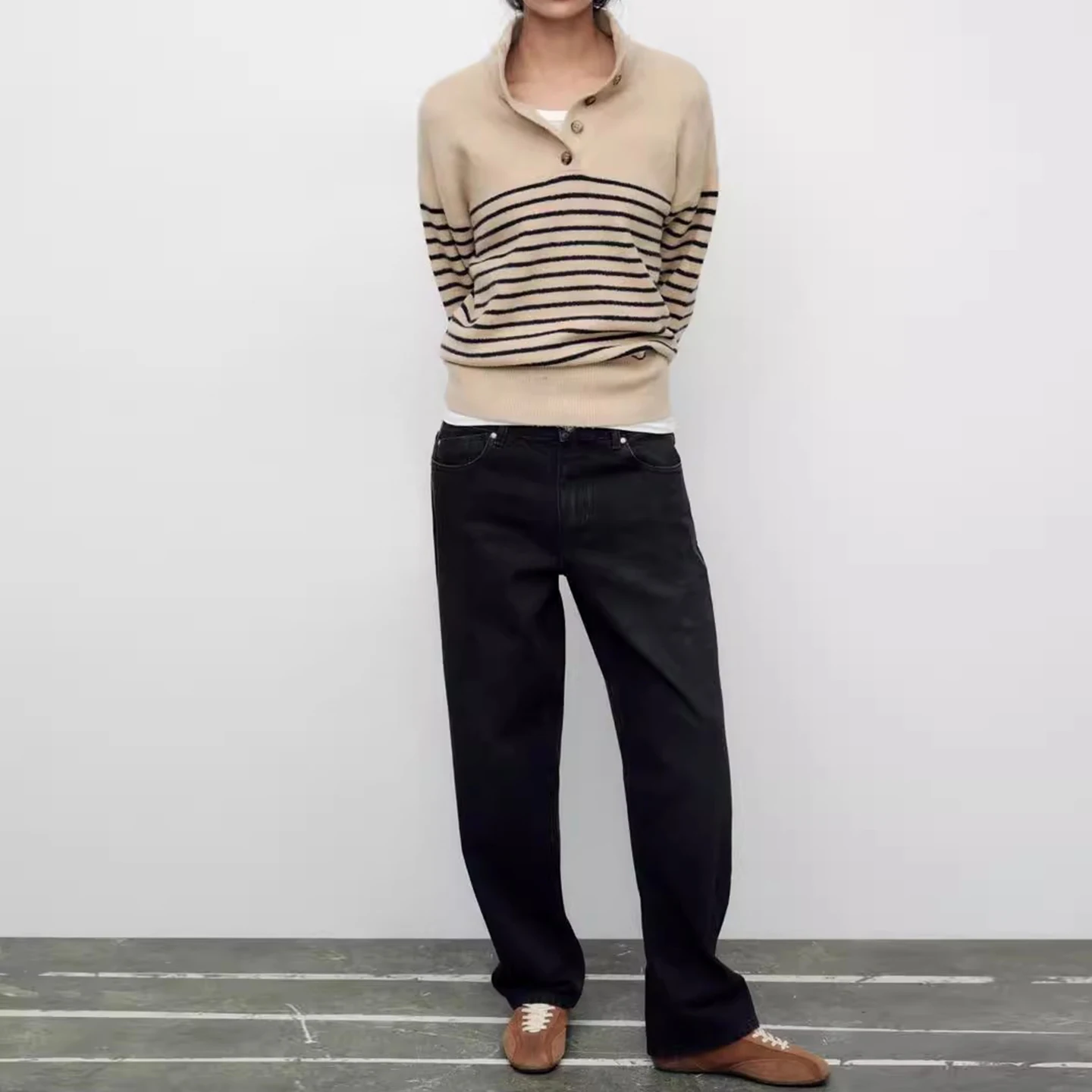 Z Women's Casual Long Sve Knitwear Faion Striped Stand Collar Leisure Knitted Top Autumn 2025 New Arrival