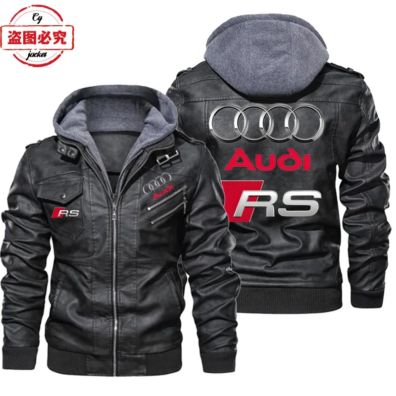 New Pu Leather Jacket Men's Audi Car Logo Printed Hooded Jacket Audi RS Team Work Clothes Team Racing Suit