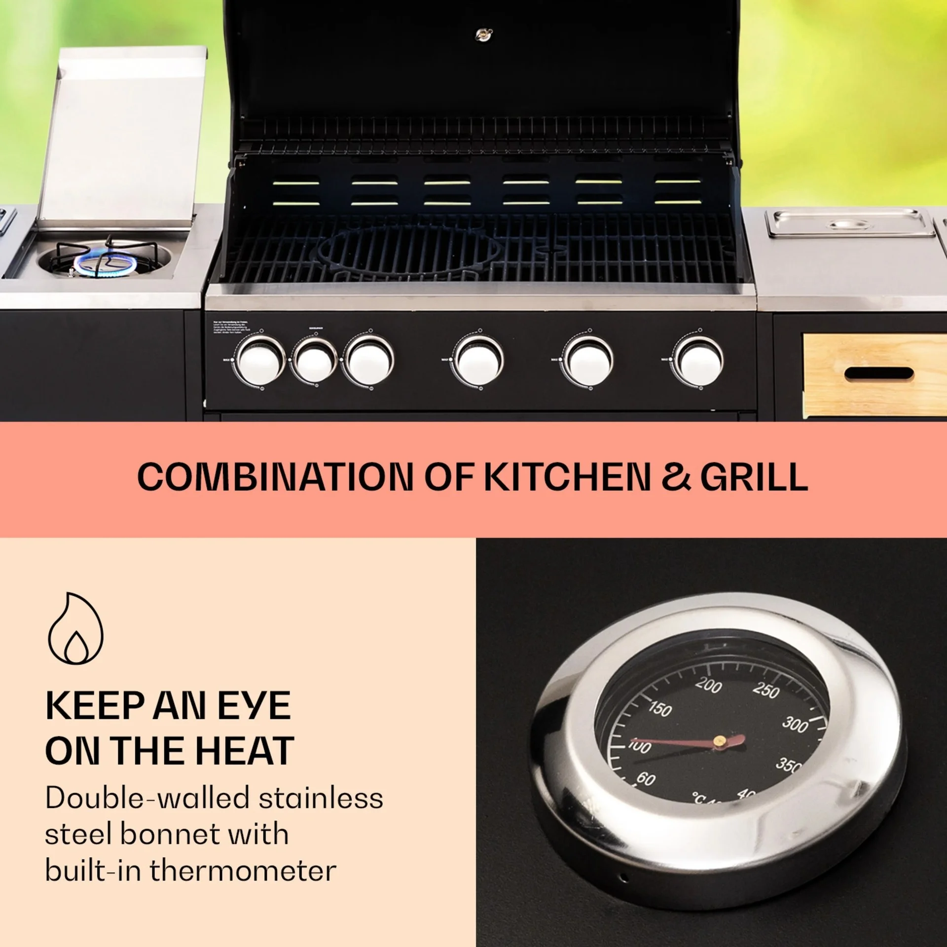 BBQ Grill Patio Table Combination Modern Outdoor Kitchen with Side Stove Sink Movable Outdoor Island