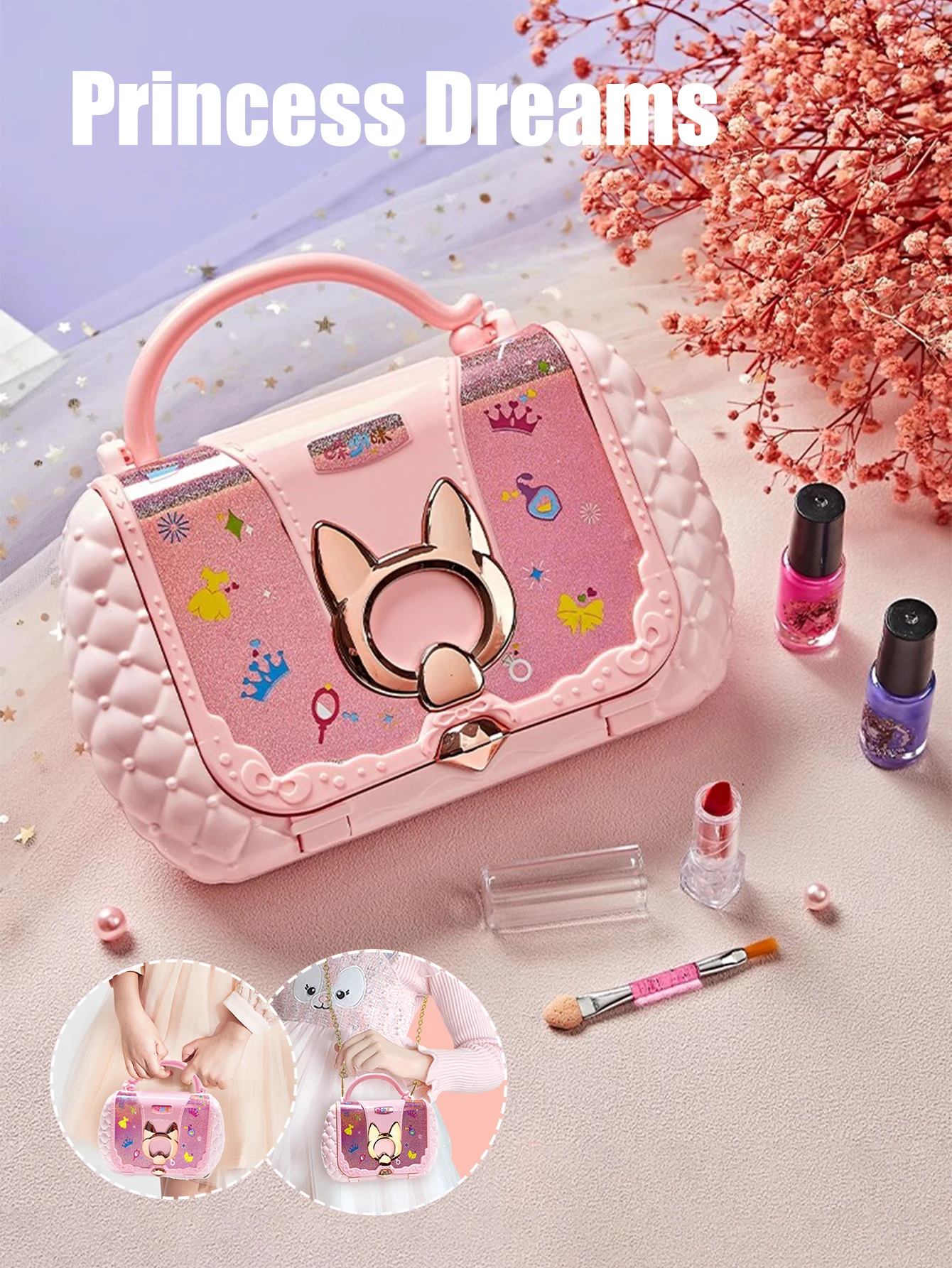 

Kids Princess Dream Beauty Toys Makeup Kit Bag Washable Pretend Play Cosmetic Set Toys with Mirror Non-Toxic Safe Birthday Gifts