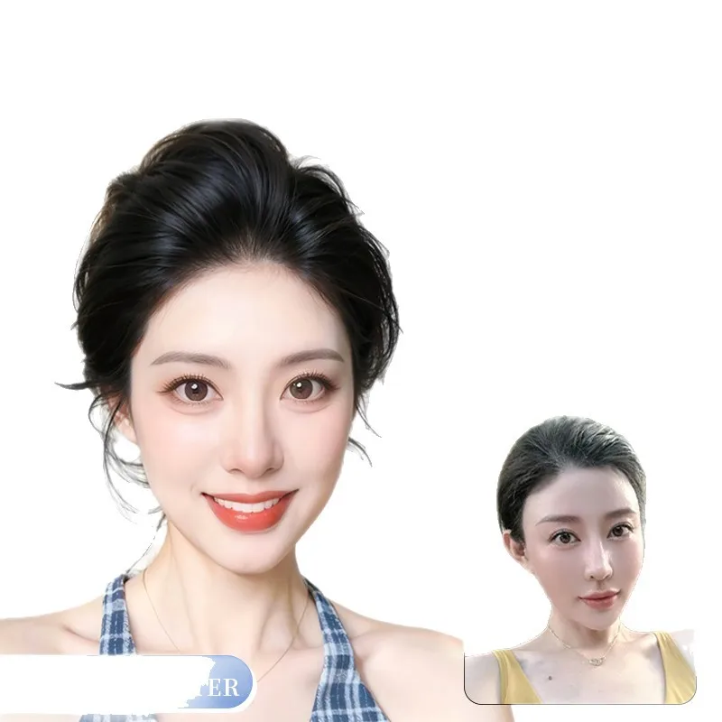 Pruik, vrouwelijk echt haar, heruitgave van top, verhoogd haarvolume, geen sporen, wit haar, pruik met hoge craniale toppony