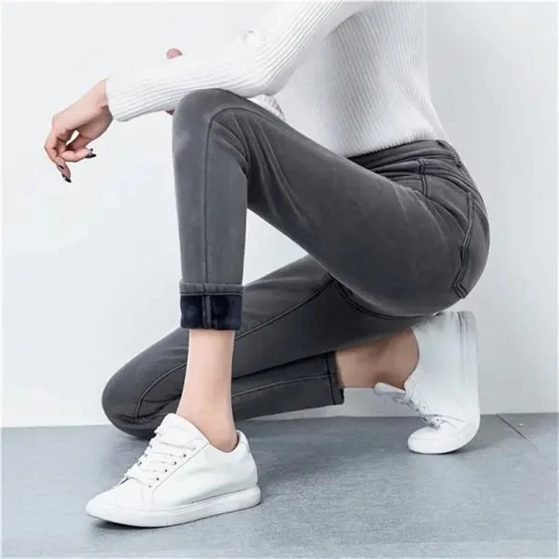 Verdicken Winter Skinny Bleistift Jeans Samt gefüttert warm schlank Vaqueros hohe Taille koreanische Stretch Pantalones lässige Frauen Hosen z141