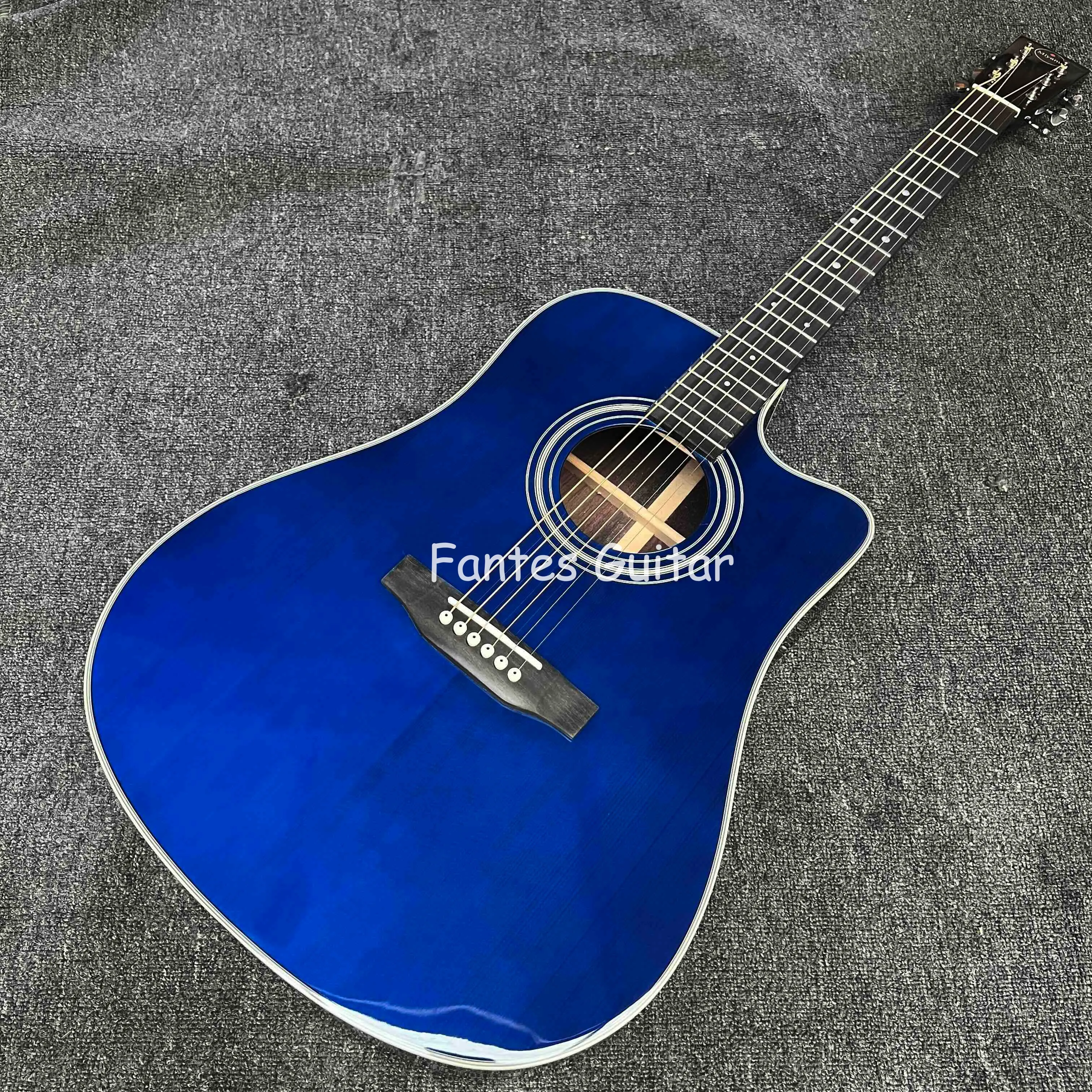 Custom Blue Color Solid Rosewood Back Side Dreadnought Cutaway Acoustic Guitar One pcs Neck