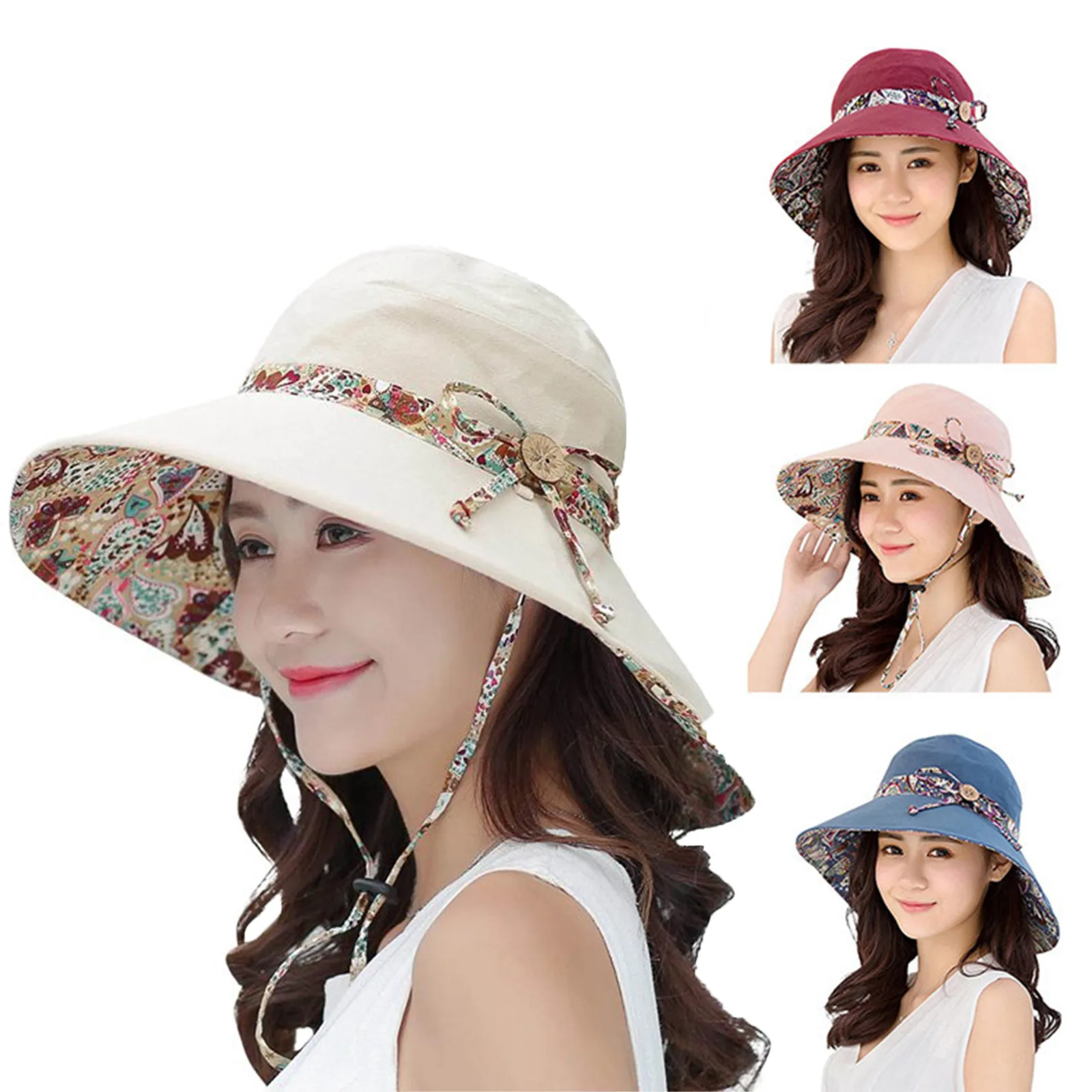 Ladies’ Floral Printed Retro High Quality Daily Date Outdoor Beach Style Foldable Large Brimmed Summer Sunscreen Hat Decorative